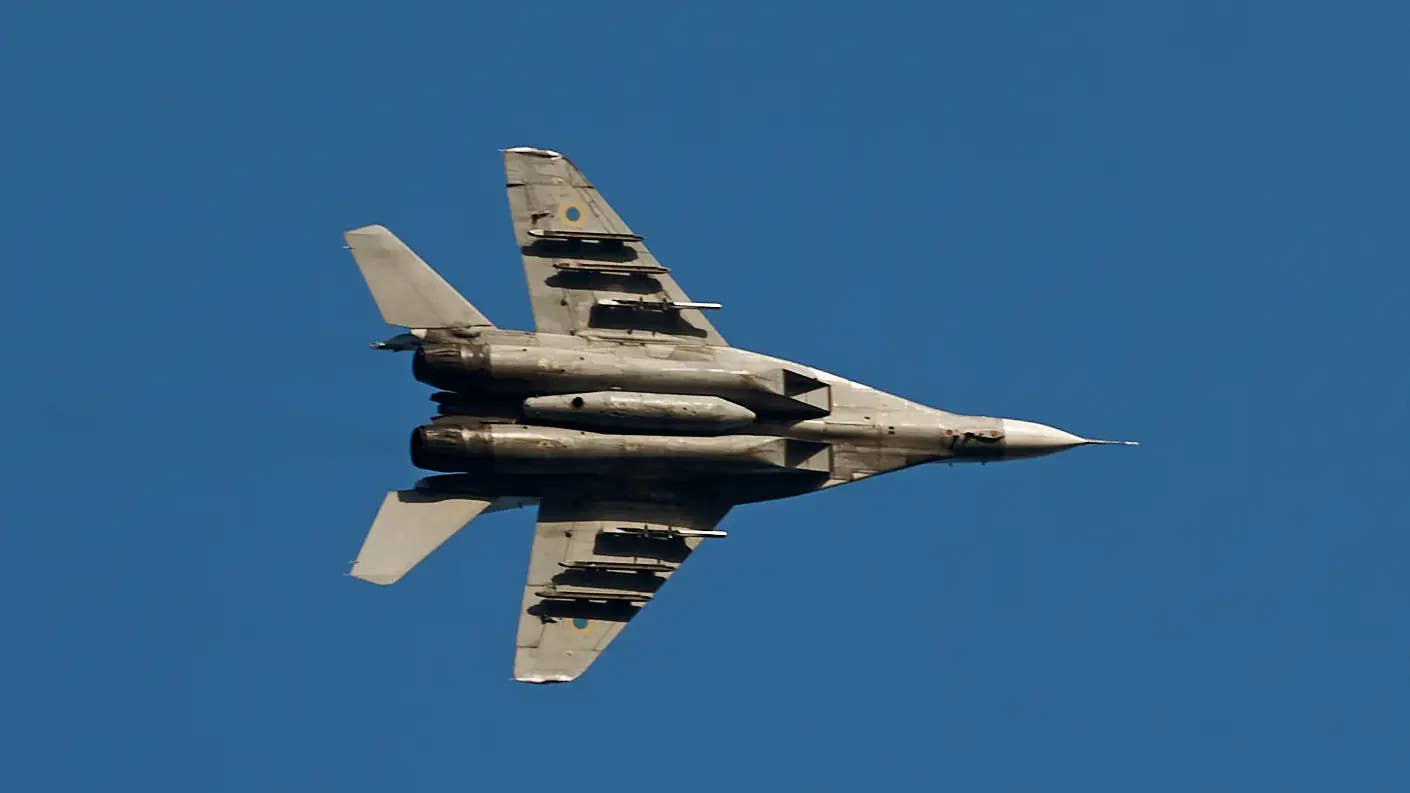 The first known picture of the distinctive pylons with the protruding front ends, seen here mounted on the inboard wing stations on a Ukrainian MiG-29. <em>Ukrainian Air Force via X</em>