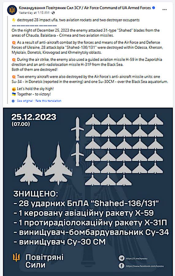 A screen shot of a machine translation of a Facebook post from the official Ukrainian Air Force page discussing the claimed Su-34 and Su-30 shootdowns (as well as the intercepting of two air-launched cruise missiles, a Kh-59 and a Kh-31P, and 28 Iranian-designed drones) on December 24. <em>Ukrainian Air Force via Facebook</em>