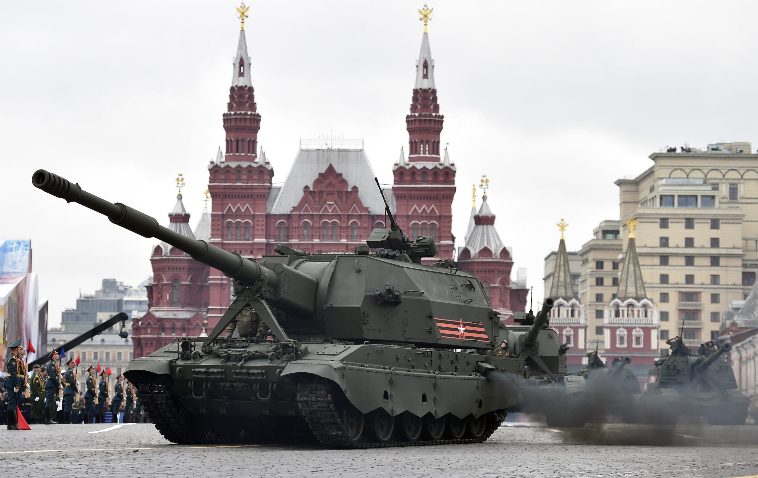 Russian Koalitsiya-SV self-propelled howitzers ride through Red Square during the Victory Day military parade in Moscow on May 9, 2017.
Russia marks the 72nd anniversary of the Soviet Union's victory over Nazi Germany in World War Two. / AFP PHOTO / Natalia KOLESNIKOVA        (Photo credit should read NATALIA KOLESNIKOVA/AFP via Getty Images)