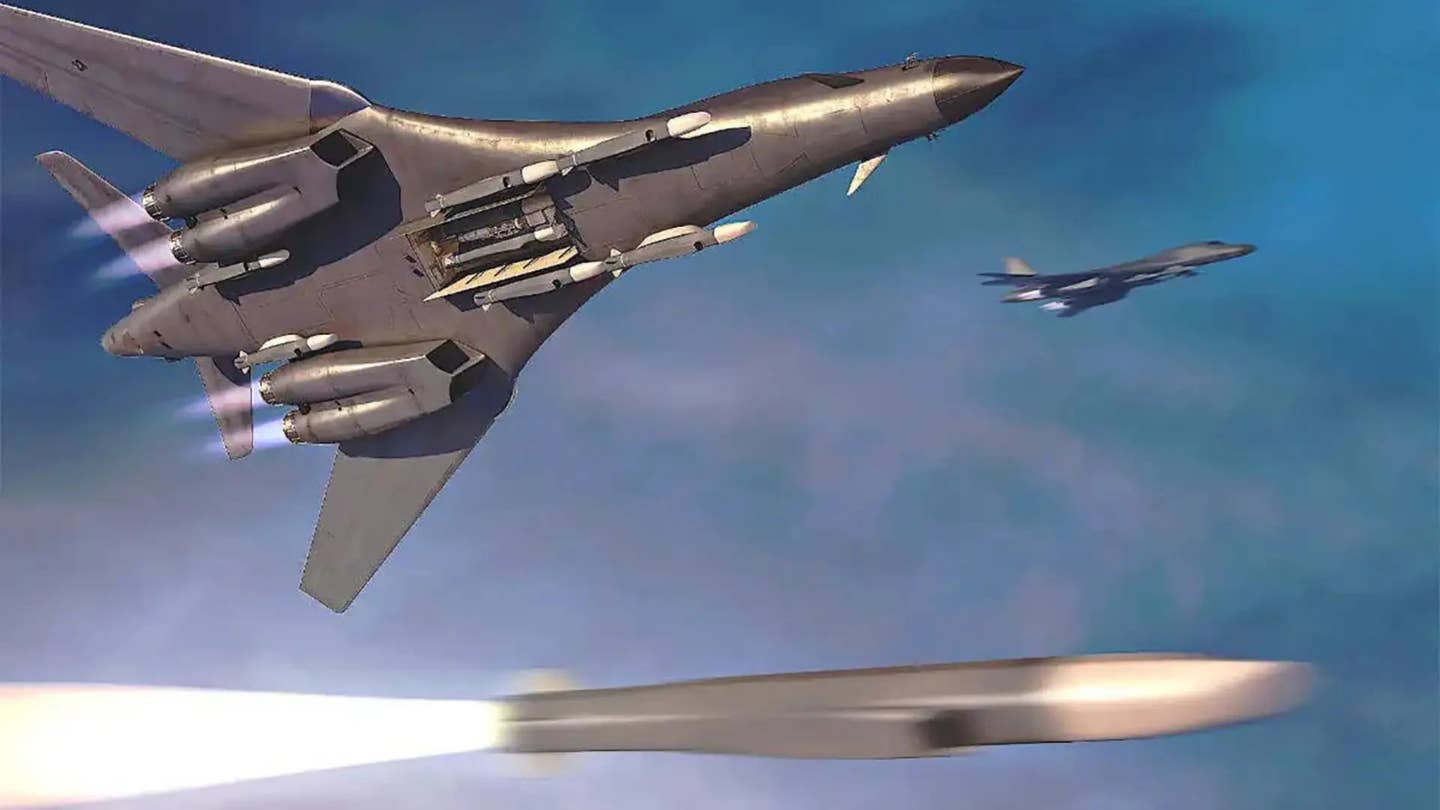 A rendering of a B-1 bomber loaded with hypersonic cruise missiles.<em> Boeing</em>
