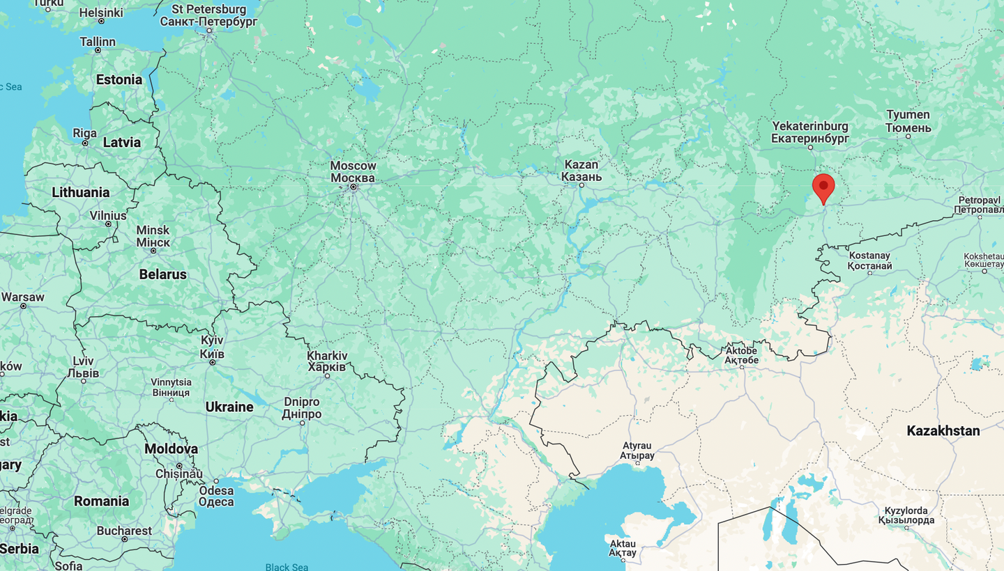 The approximate location of the airbase at Chelyabinsk-Shagol within Russia. <em>Google Maps</em>