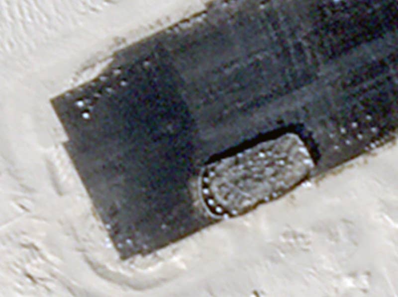 A close-up look at some of the masts that are visible on the carrier target, including on the island structure. <em>PHOTO © 2024 PLANET LABS INC. ALL RIGHTS RESERVED. REPRINTED BY PERMISSION</em>