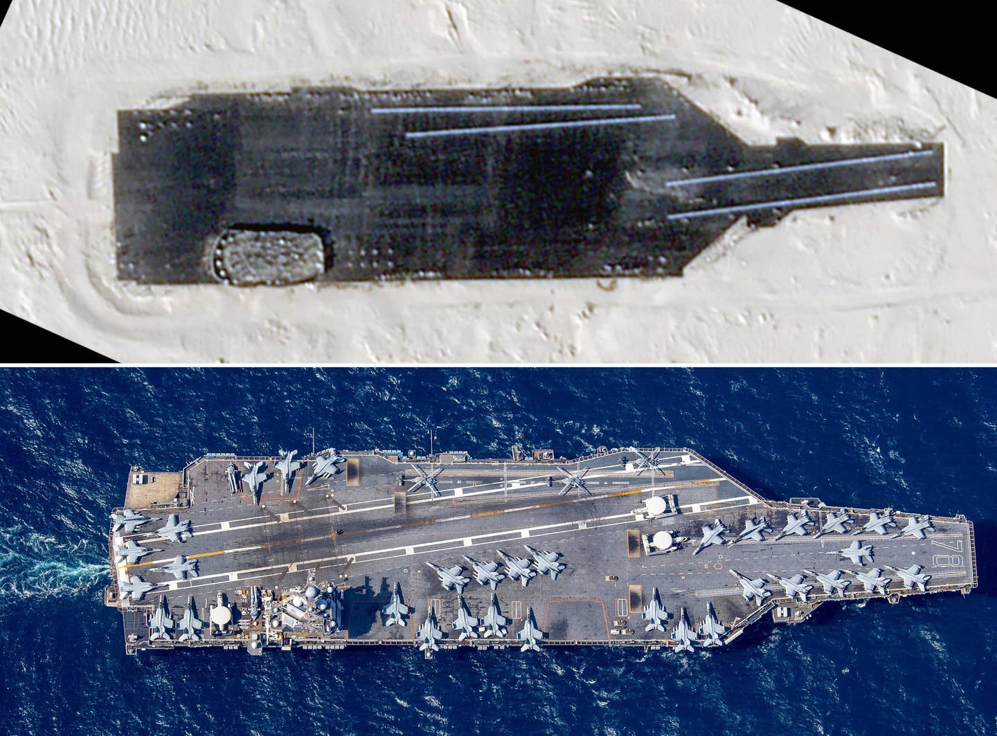 A side-by-side comparison of the new carrier target in China's Taklamakan Desert, at top, and the USS <em>Gerald R. Ford</em>, at bottom. PHOTO © 2024 PLANET LABS INC. ALL RIGHTS RESERVED. REPRINTED BY PERMISSION / USN