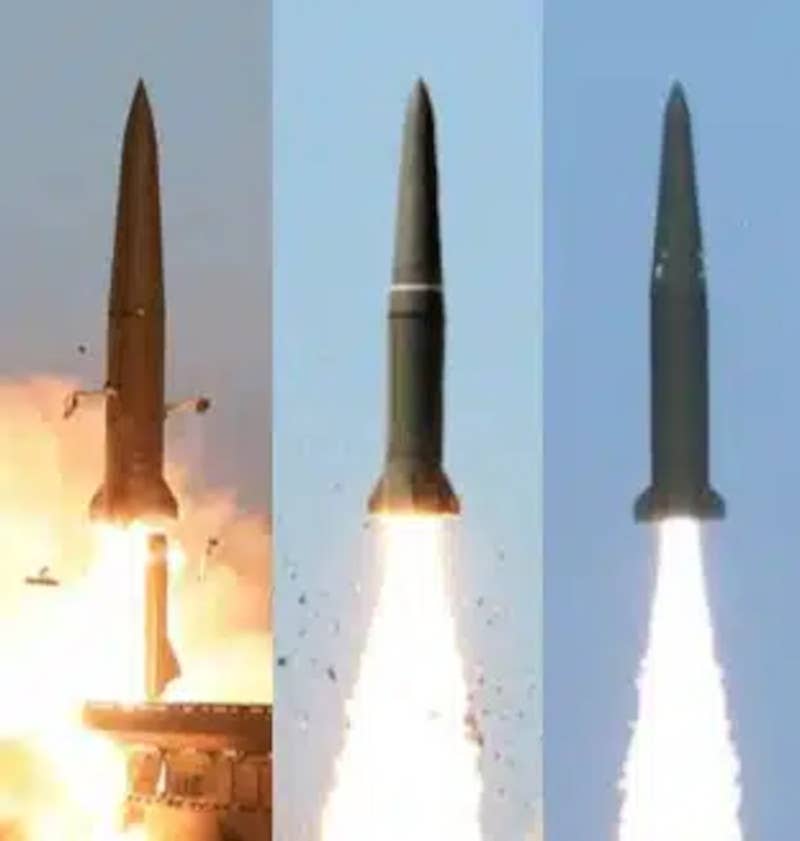 A side-by-side comparison of North Korea's KN-23, at left, and Russia's Iskander-M, at center, as well as South Kora's Hyunmoo-2B, at right. <em>via CSIS</em>