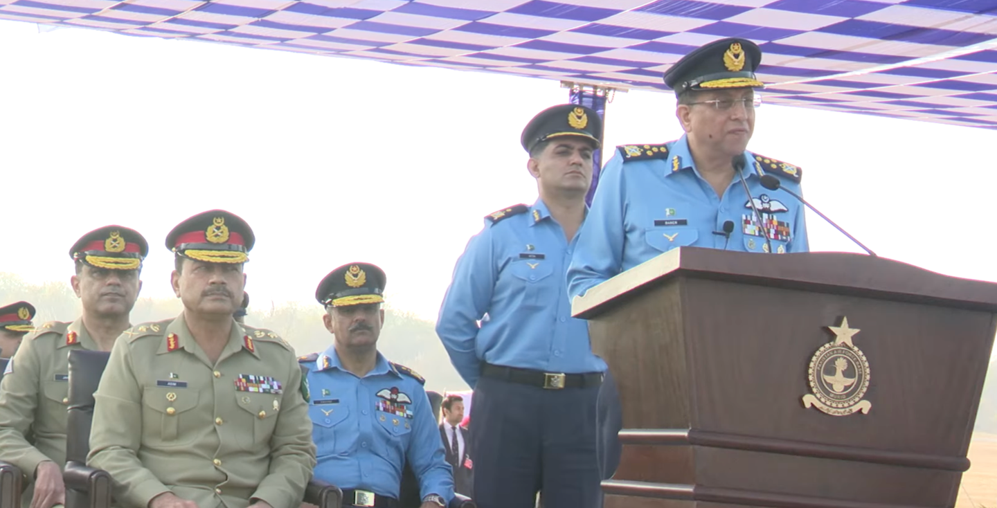 Air Chief&nbsp;Marshal Zaheer Sidhu, the Pakistan Air Force chief, at the podium, during the recent ceremony at which plans to procure the FC-31 were announced. <em>PAF Facebook page</em>