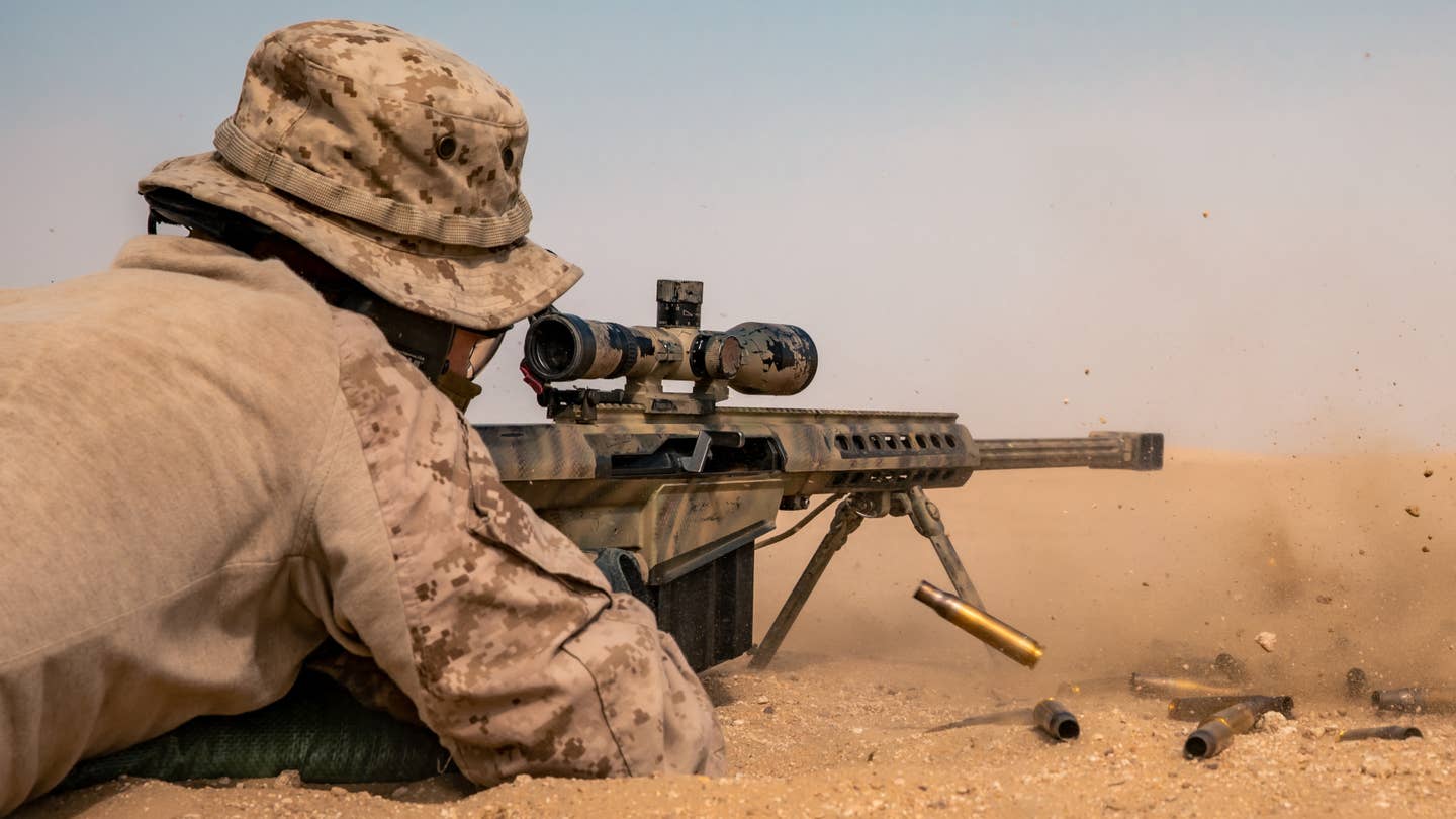 A member of the US Marine Corps fires a Barrett .50 caliber M107 rifle during training. This is one of the weapons the U.S. special operations community could replace with the future ELR-SR. <em>USMC</em>