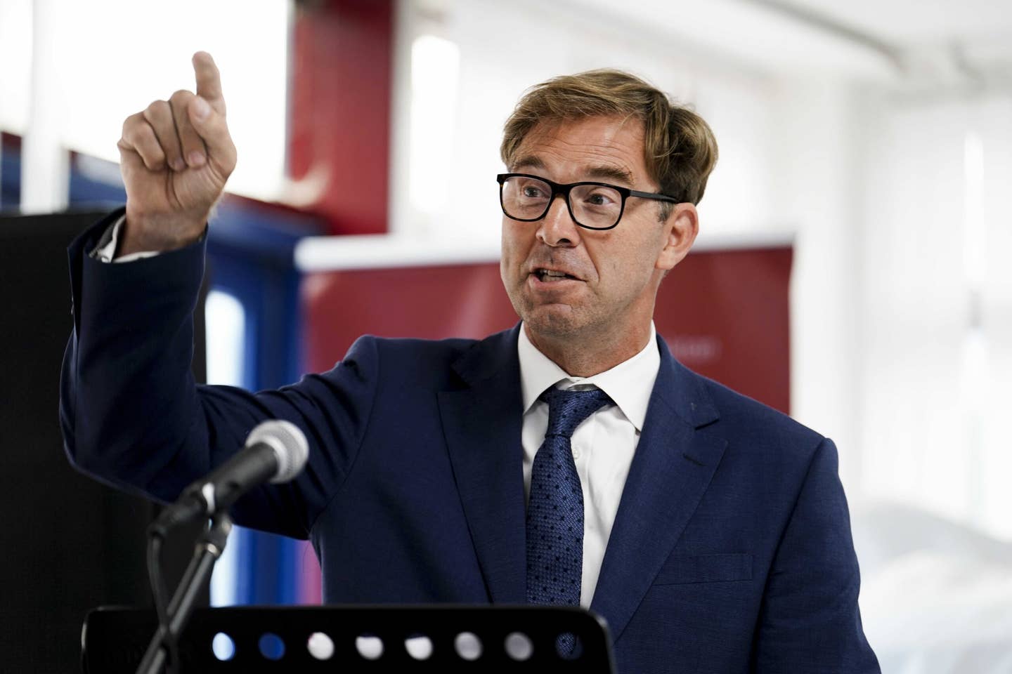 Tobias Ellwood speaking at an event organised by the Afghanistan and Central Asian Association (ACAA) in Feltham, U.K., August 15, 2023. <em>Photo by Jordan Pettitt/PA Images via Getty Images</em>