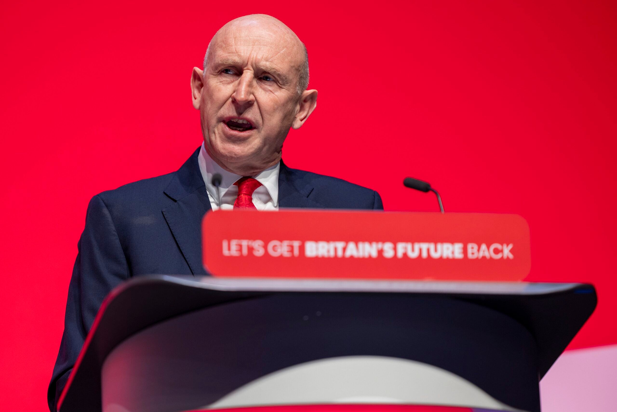 John Healey MP speaking on second day of the Labour Party conference, Monday the 9th of October 2023 in Liverpool, United Kingdom. (photo by Andrew Aitchison / In Pictures via Getty Images)