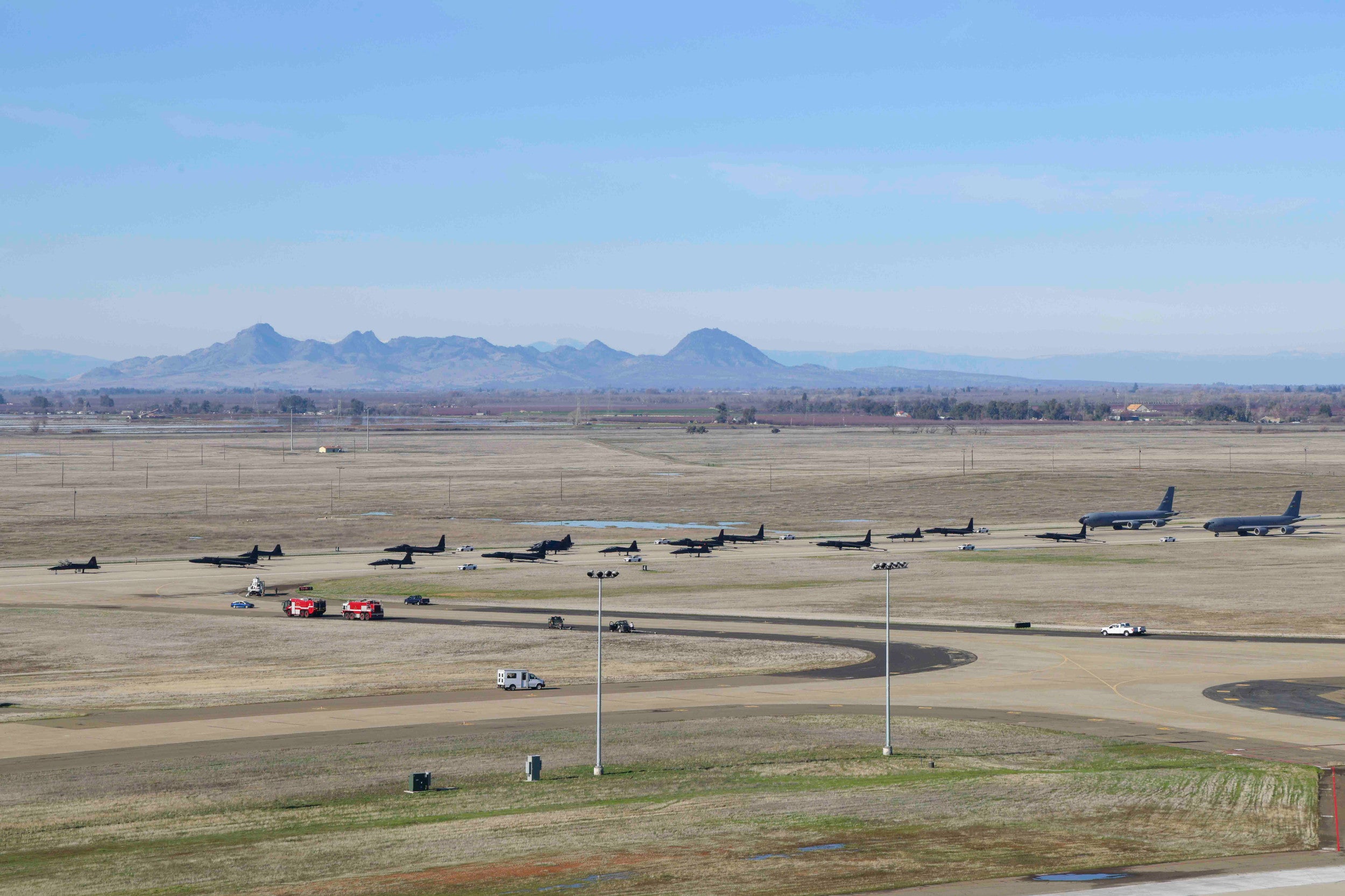 U.S. Air Force T-38 Talon’s from the 1st Reconnaissance Squadron, U-2 Dragon Lady’s and chase cars from the 99th Reconnaissance Squadron, and KC-135R Stratotanker’s from the 940th Air Refueling Wing conduct an elephant walk on Beale Air Force Base, California, Jan. 4, 2023. The elephant walk showcased a display of joint airpower between the 9th Reconnaissance Wing and 940th hosted at Beale. (U.S. Air Force photo by Staff Sgt. Frederick A. Brown)