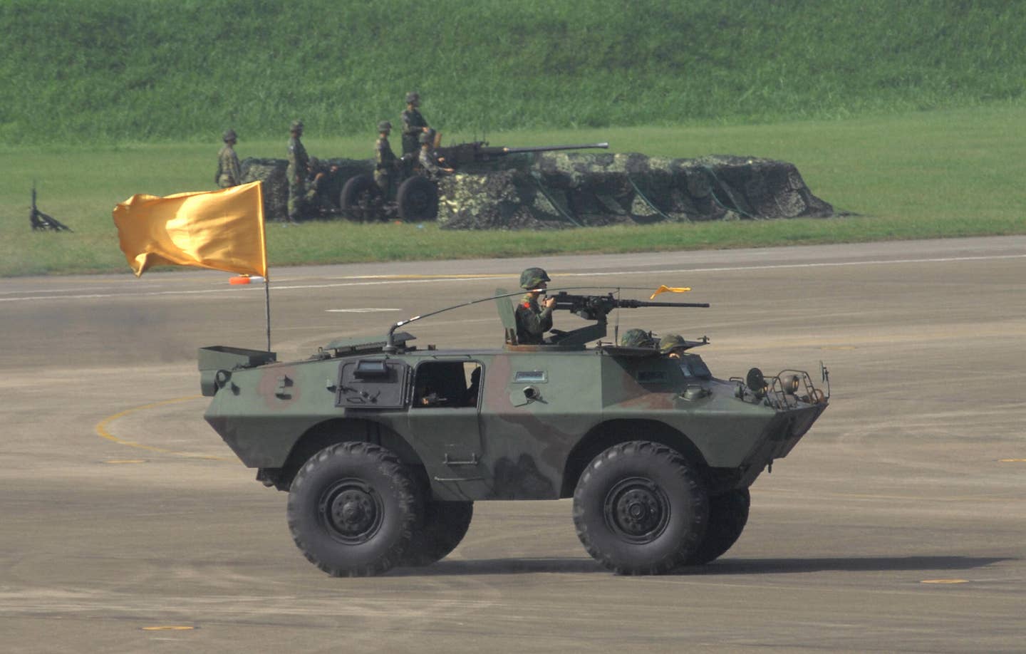 An armored vehicle during a drill at Ching Chuan Kang Air Base in Taichung, central Taiwan, on September 23, 2008, simulating an air attack from China. <em>PATRICK LIN/AFP via Getty Images</em>