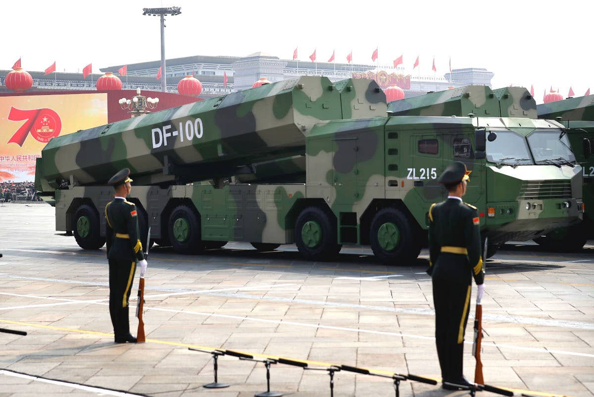 Launchers for China's DF-100 ground-launched supersonic land attack cruise missile on parade. <em>AP Photo/Mark Schiefelbein</em>