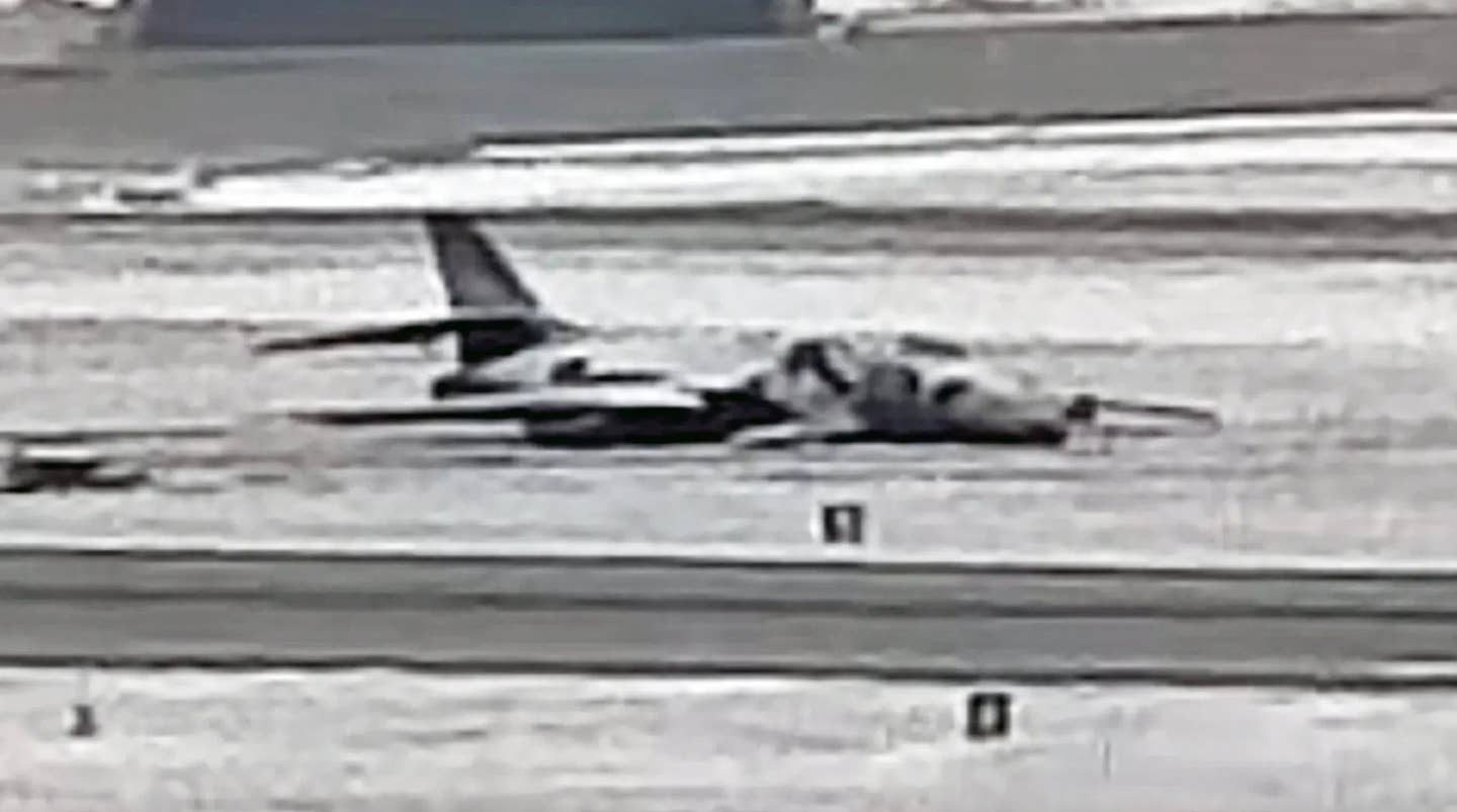 A view of the crashed B-1B at Ellsworth from the NewsCenter1 webcam. <em>NewsCenter1 capture</em>