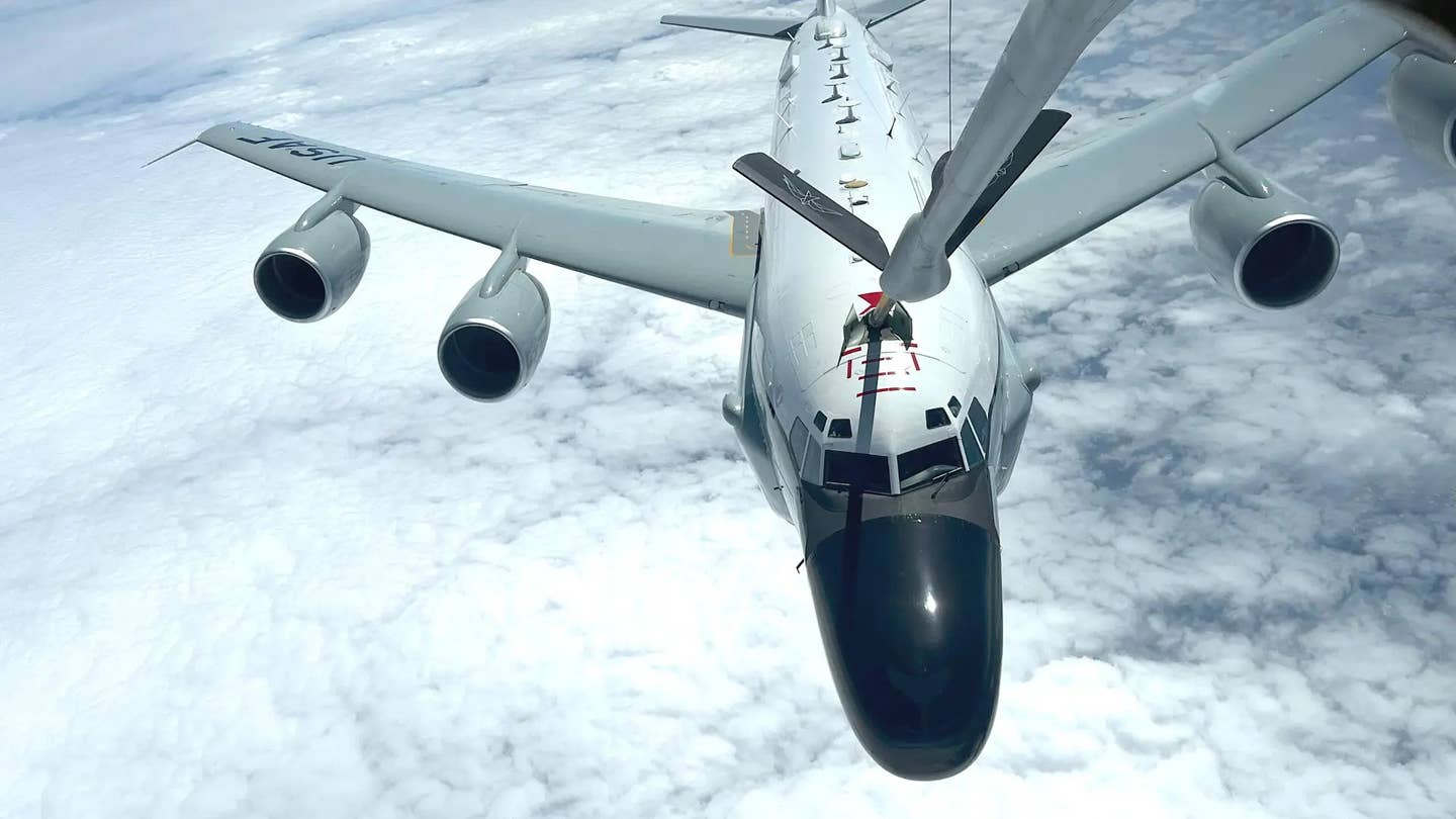 A Metrea KC-135 refuels an Air Force RC-135V/W Rivet Joint aircraft in June 2023. <em>Metrea</em>