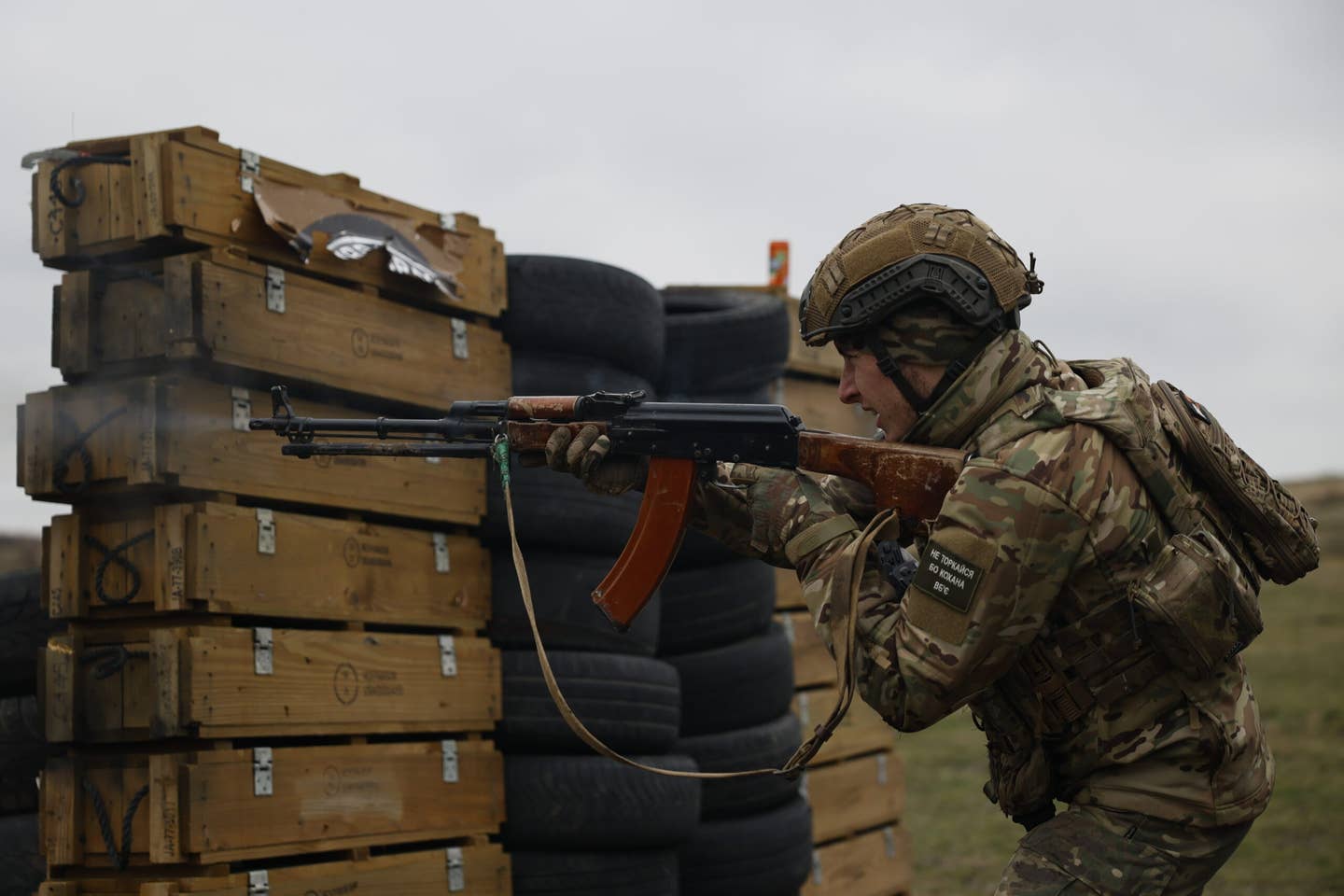 A Ukrainian soldier practices tactical and live-fire exercises on the training ground on November 30, 2023, in the Donetsk region, eastern Ukraine. <em>Photo by Roman Chop/Global Images Ukraine via Getty Images</em>