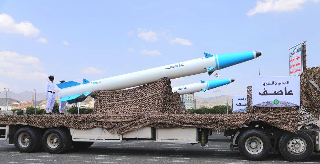 Asef anti-ship ballistic missile on parade in Yemen in 2022. <em>via X</em>