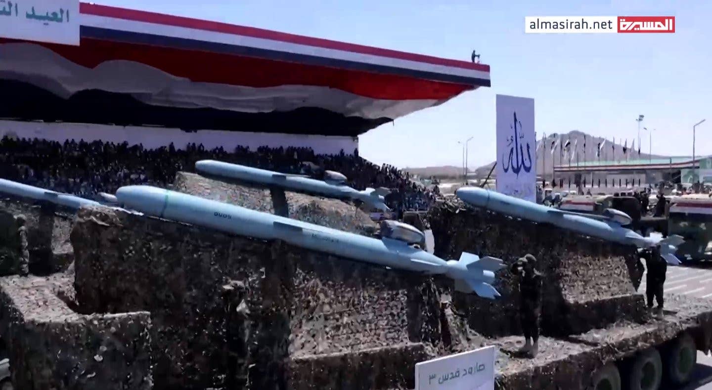 Houthi Sayyad anti-ship cruise missiles, one several Iranian-designed cruise missile the group has that are powered by Tolou-10 engines. <em>via almasirah.net</em>