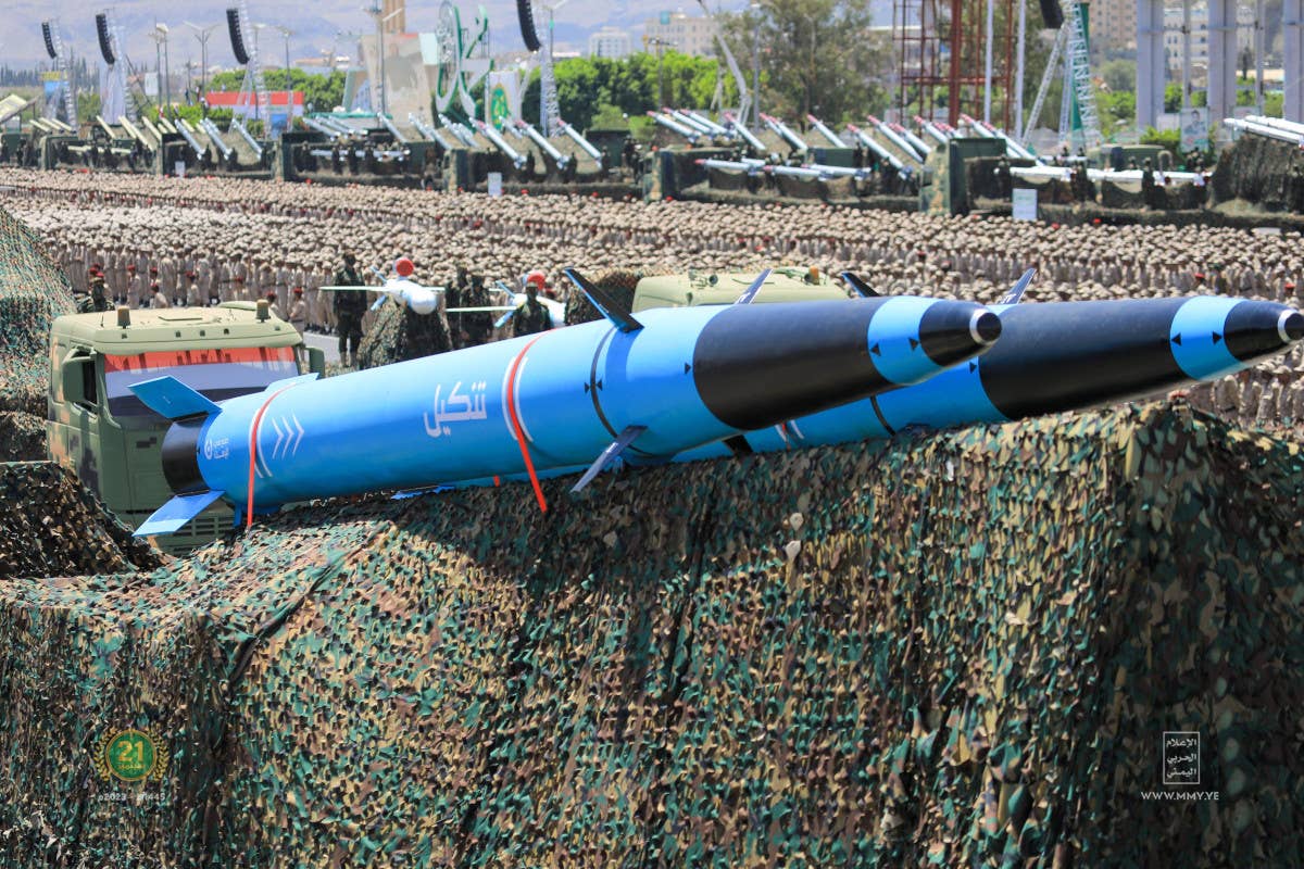 Tankil anti-ship ballistic missiles shown at a Houthi parade in 2023. <em>via mmy.ye</em>