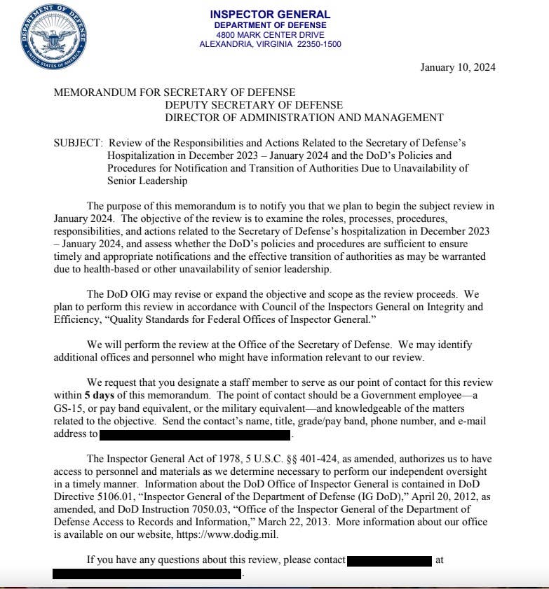 The Pentagon's Office of Inspector General is reviewing the circumstances of Austin's hospitalization and ensuing notifications of his transfer of authority to Hicks. (DoD IG memo)