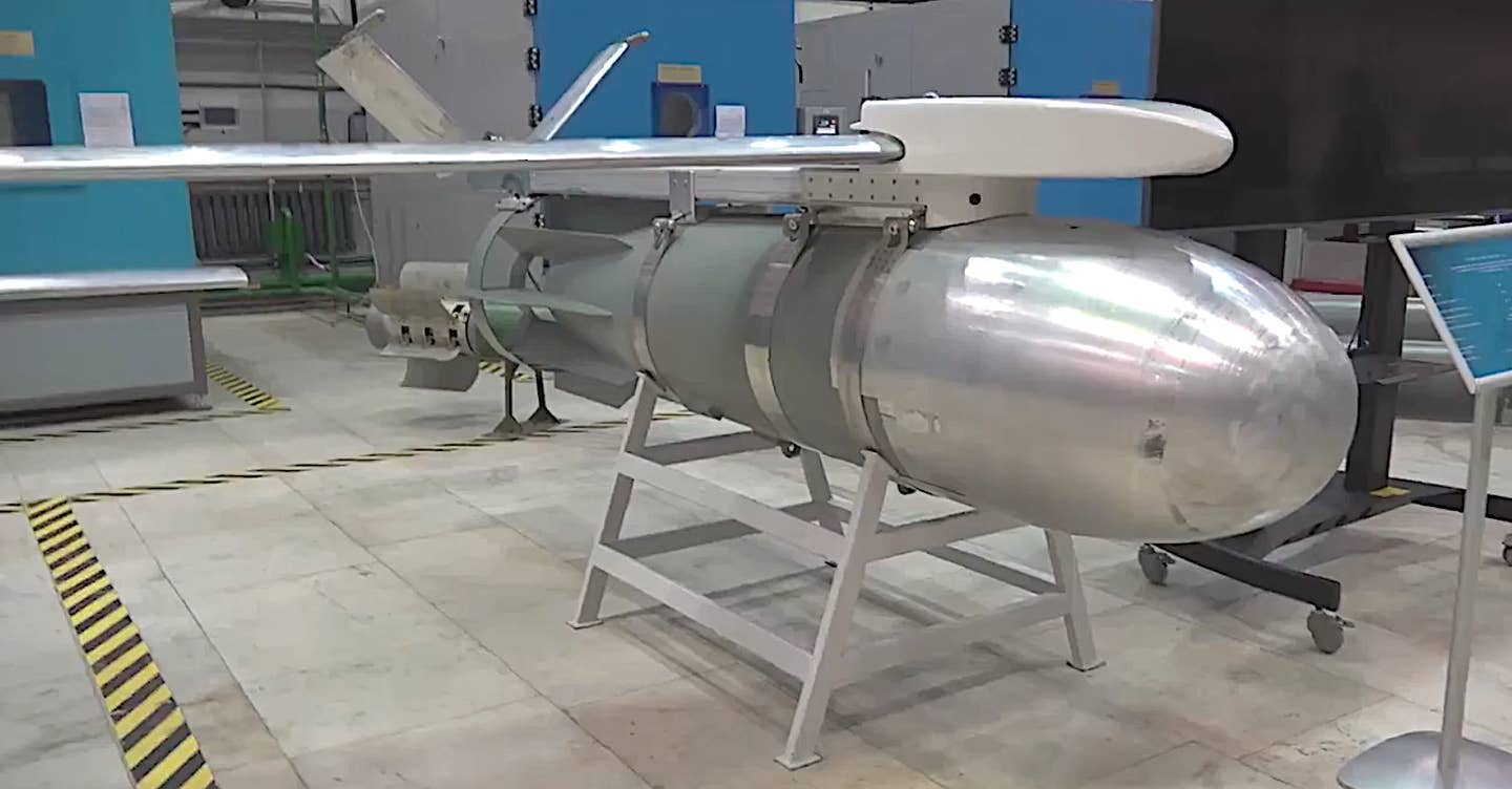 A front view of a Russian FAB-1500 M54 bomb with a UMPK wing kit. <em>Russian MoD capture</em>