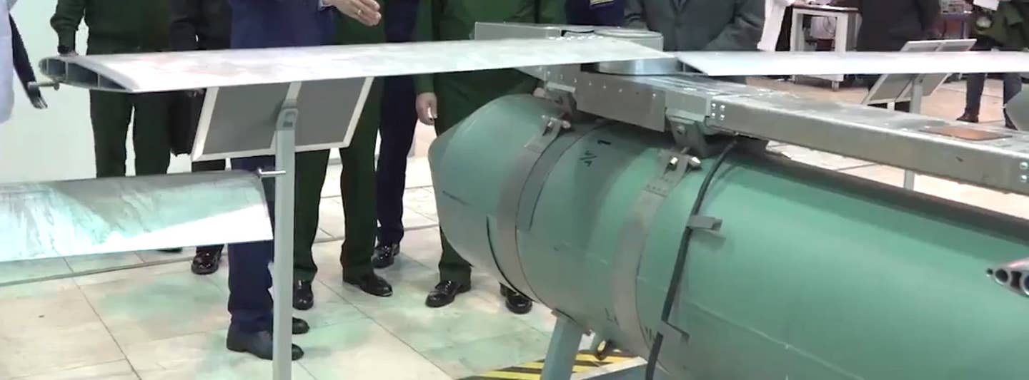 What appears to be an RBK-500 cluster bomb with a UMPK wing kit. <em>Russian MoD capture</em>