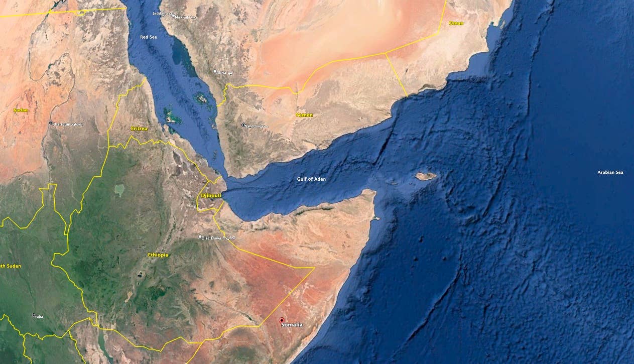 The U.S. is searching for two sailors missing off the coast of Somalia. (Google Earth image)