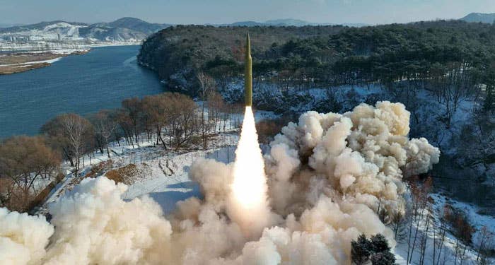 Image from the test of the solid fuel IRBM and hypersonic vehicle. <em>KCNA</em>