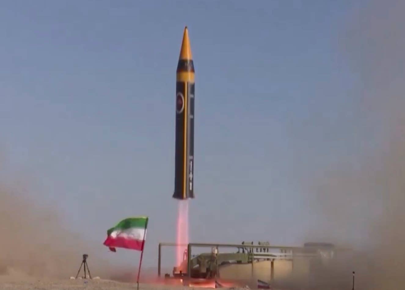 The launch of a Kheiber Skekan medium range ballistic missile. (Twitter screencap)