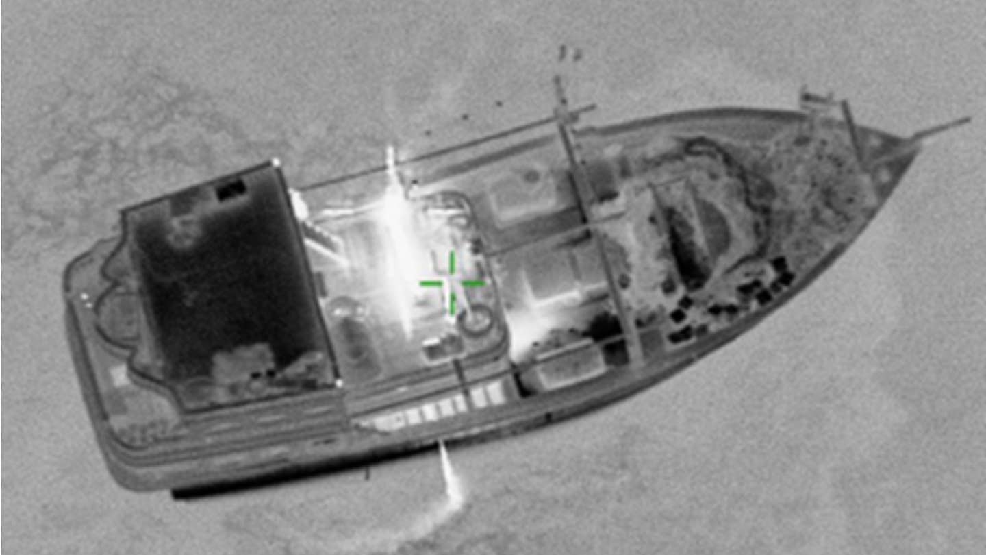 A view of the dhow that was carrying the missile components and other materiel bound for Iranian-backed Houthi militants in Yemen as seen through an infrared video camera. <em>CENTCOM</em>