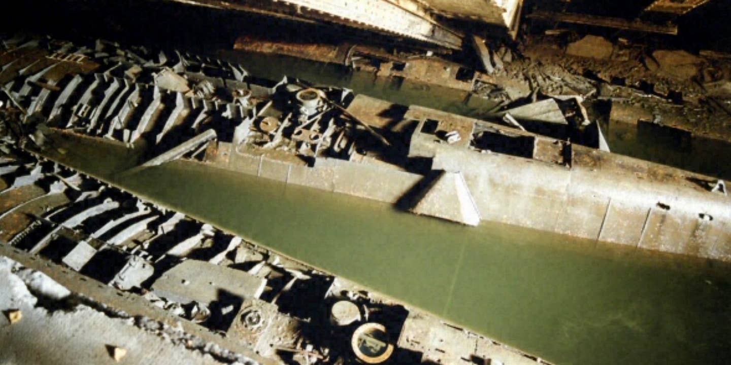WWII U-boats pictured amid the ruins of the Elbe II U-boat shelter