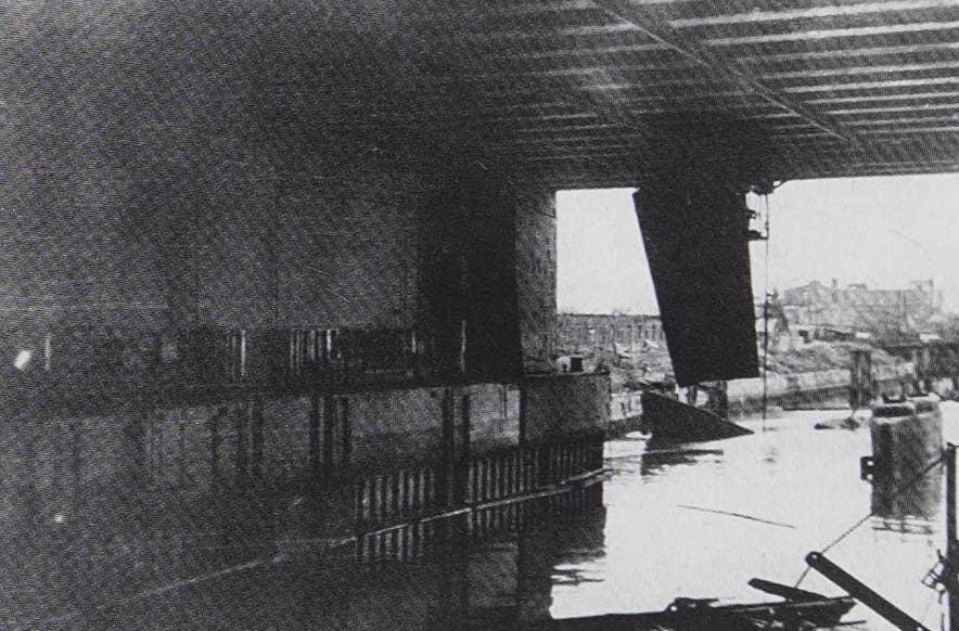 Interior of Elbe II, looking over the Vulkanhafen. Again published in  <em>Hitler's U-Boat Bases</em>. <em>Jak P. Mallmann-Showell</em>