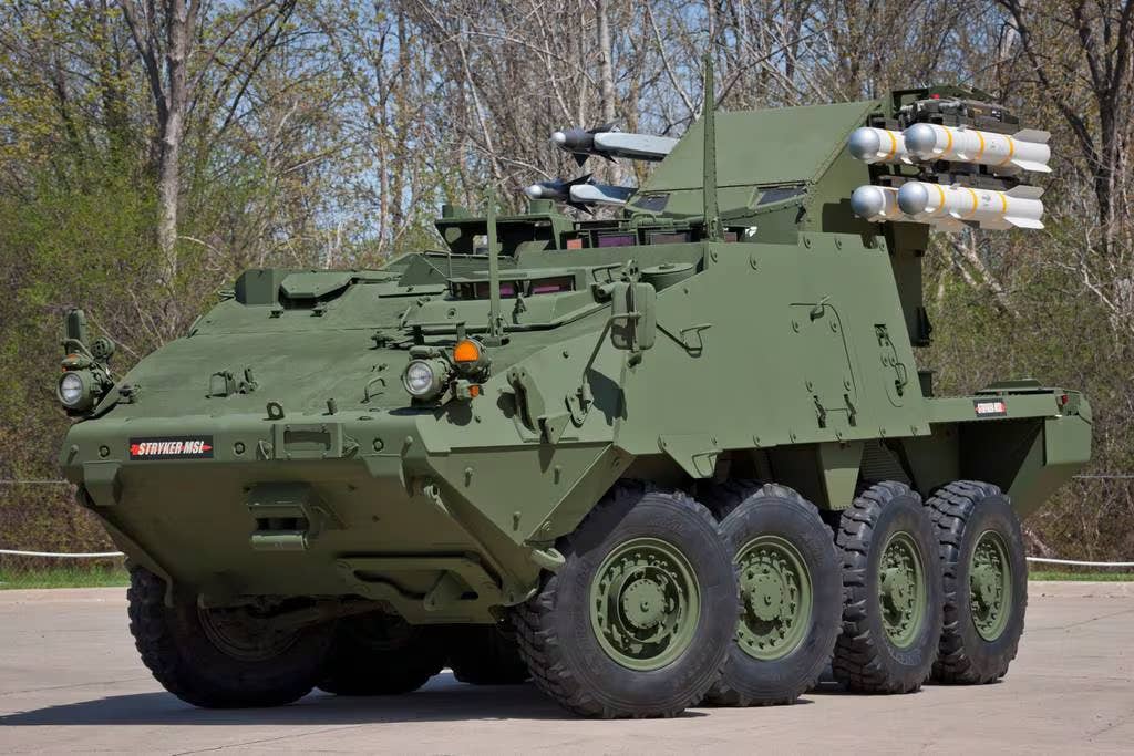 A version of the 8x8 Stryker wheeled armored vehicle with a Boeing air defense turret armed with AIM-9X Sidewinder and AIM-114L missiles. <em>Boeing/General Dynamics Land Systems</em>
