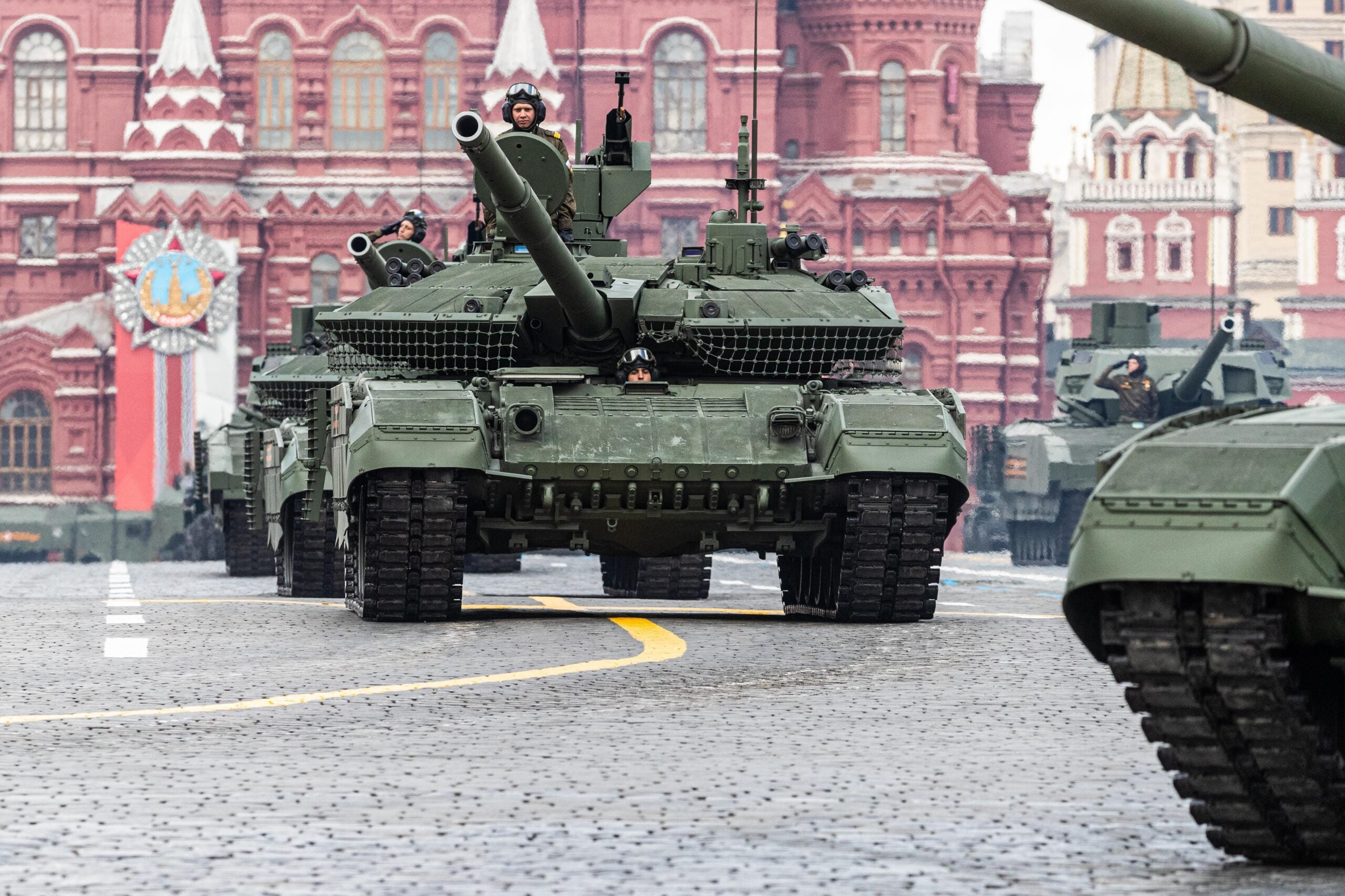 T-90M tanks are seen during the Victory Day military parade to mark the 77th anniversary of the victory in the Great Patriotic War on Red Square in Moscow, Russia, May 9, 2022. (Photo by Bai Xueqi/Xinhua via Getty Images)