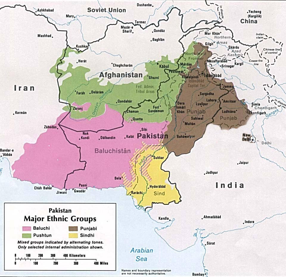 A U.S. government map from the 1980s shows the four major ethnic groups of Pakistan including the area in which<br>the Baloch people are the major ethnic group. <em>U.S. Central Intelligence Agency</em>