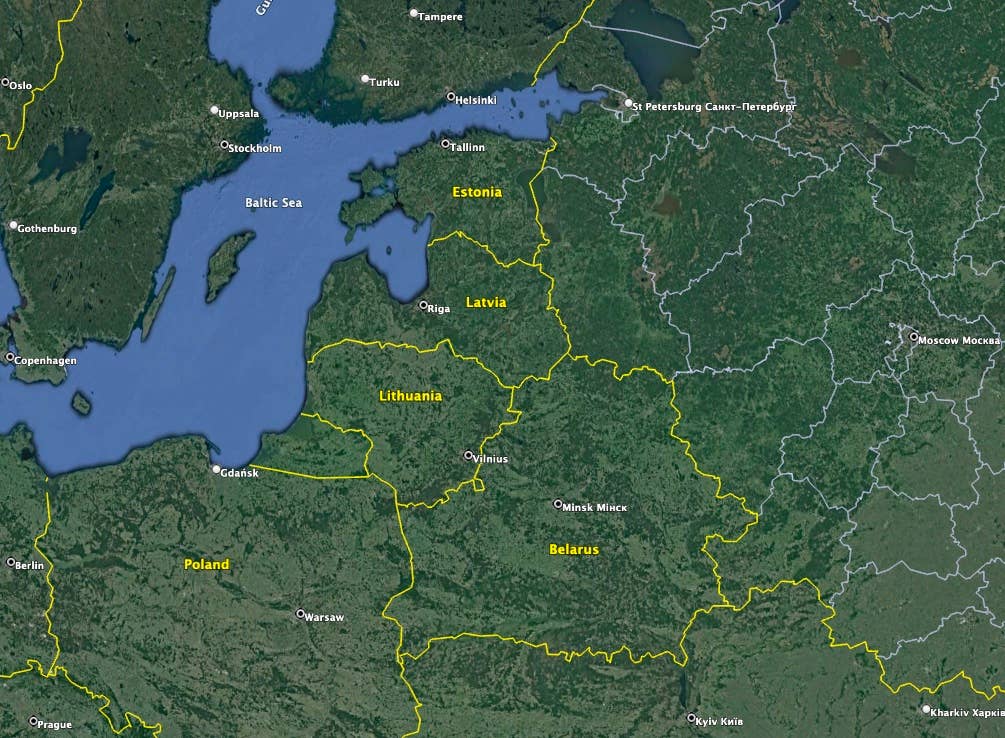 Estonia, Latvia and Lithuania are planning to create joint defensive fortifications across the 450 miles of border they share with Russia and Belarus. (Google Earth image)