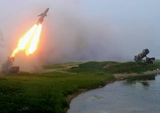 Launch of a missile from a Russian Redut road-mobile coastal defense system, circa 2012. <em>RUSSIAN MINISTRY OF DEFENSE</em>