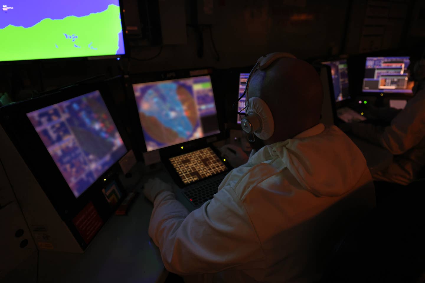 Image taken from the operations room of HMS <em>Diamond</em>, seen here preparing to fire Sea Viper missiles in the Red Sea on January 10, 2024. <em>Crown Copyright</em>