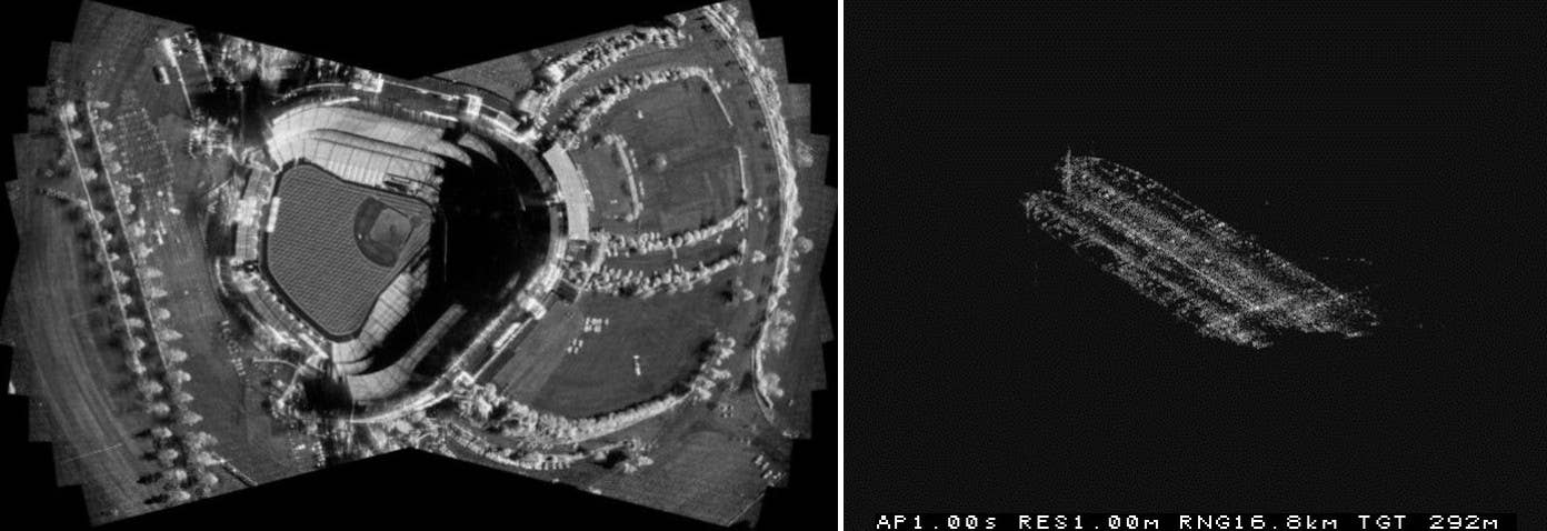 High-resolution synthetic aperture radar (SAR) images stitched together of a location on land (at left) and an inverse synthetic aperture radar (ISAR) image of two ships (at right), both captured with the Lynx radar. <em>General Atomics</em>
