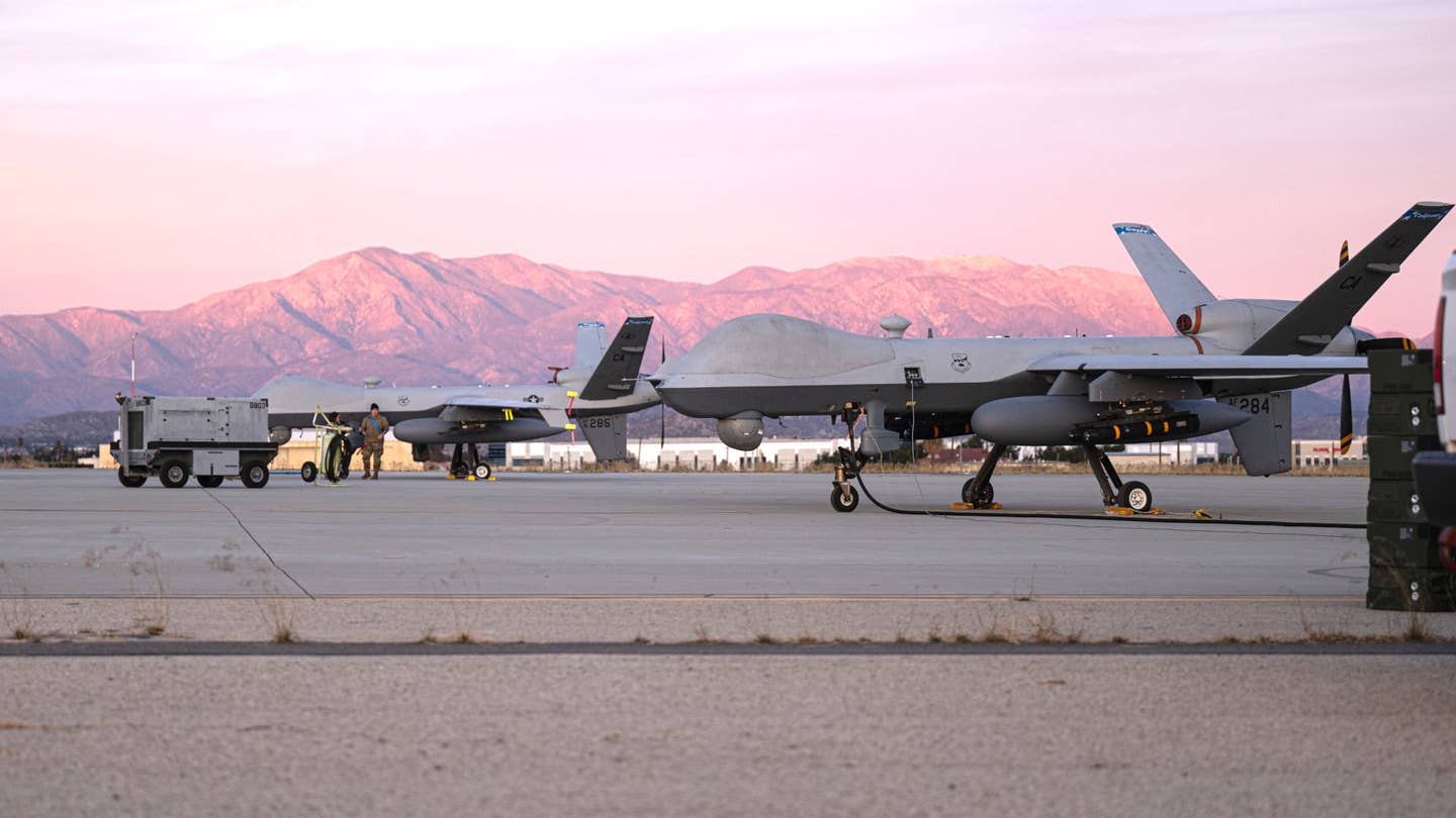 The two California Air National Guard MQ-9 Reapers that supported the Missile Defense Agency's test in December 2023. <em>Air National Guard</em>