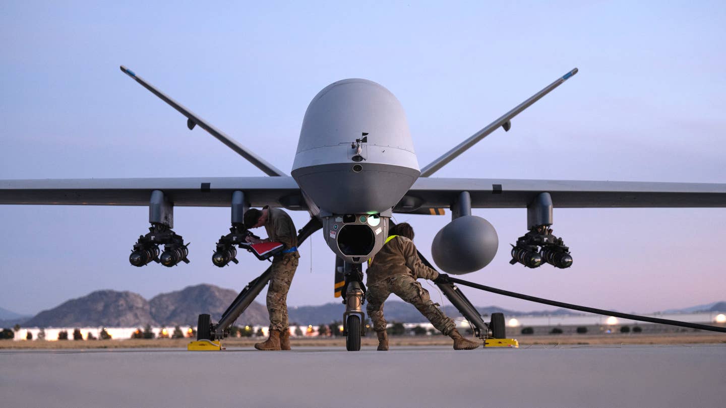 California Air National Guard MQ-9 Reaper drones were prepared to sink a rocket booster with Hellfire missiles after a test in December, but it slipped beneath the waves on its own.