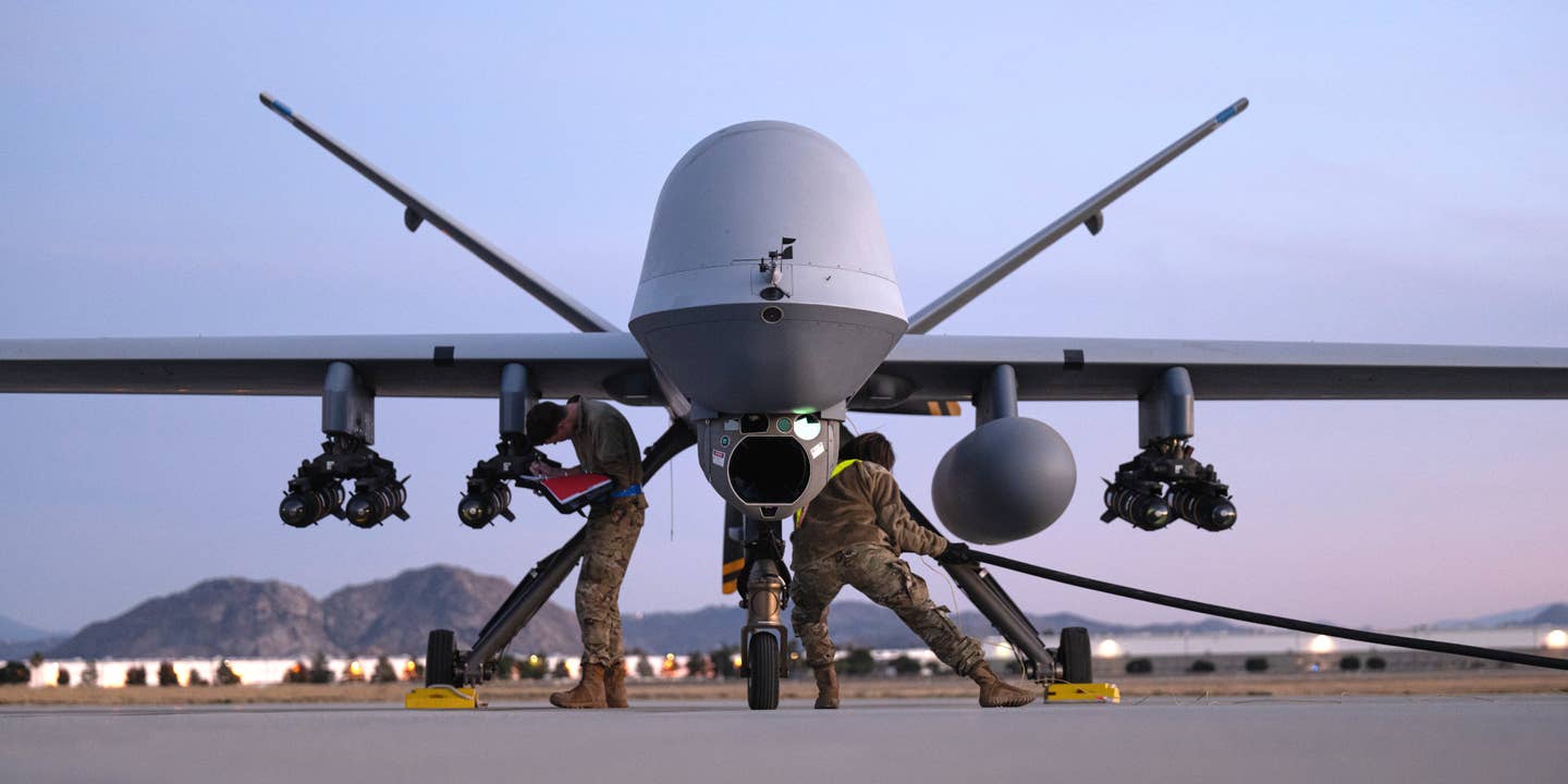 California Air National Guard MQ-9 Reaper drones were prepared to sink a rocket booster with Hellfire missiles after a test in December, but it slipped beneath the waves on its own.