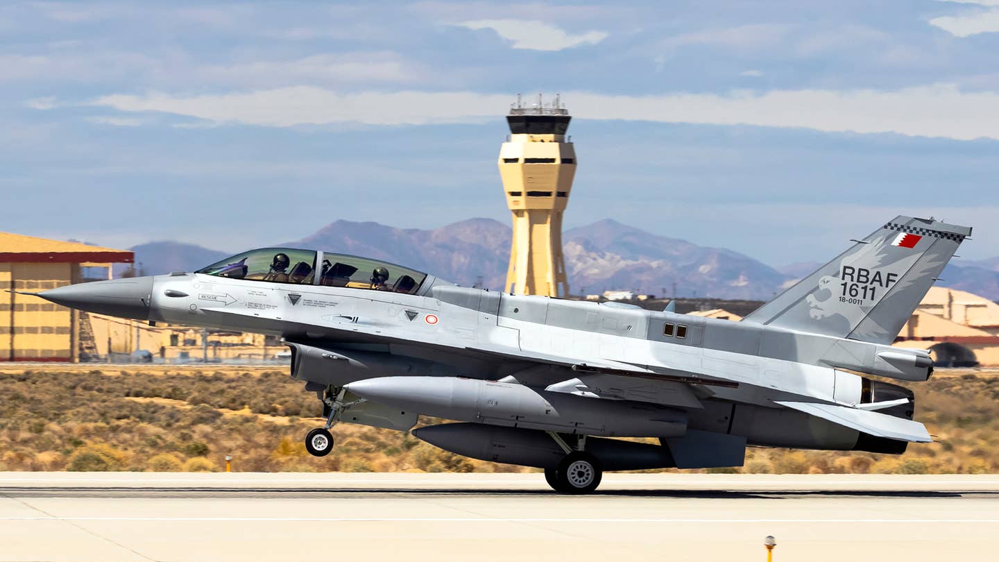 A Block 70 F-16 for Bahrain, currently at Edwards Air Force Base, California, for test work.&nbsp;<em>U.S. Air Force</em><br>