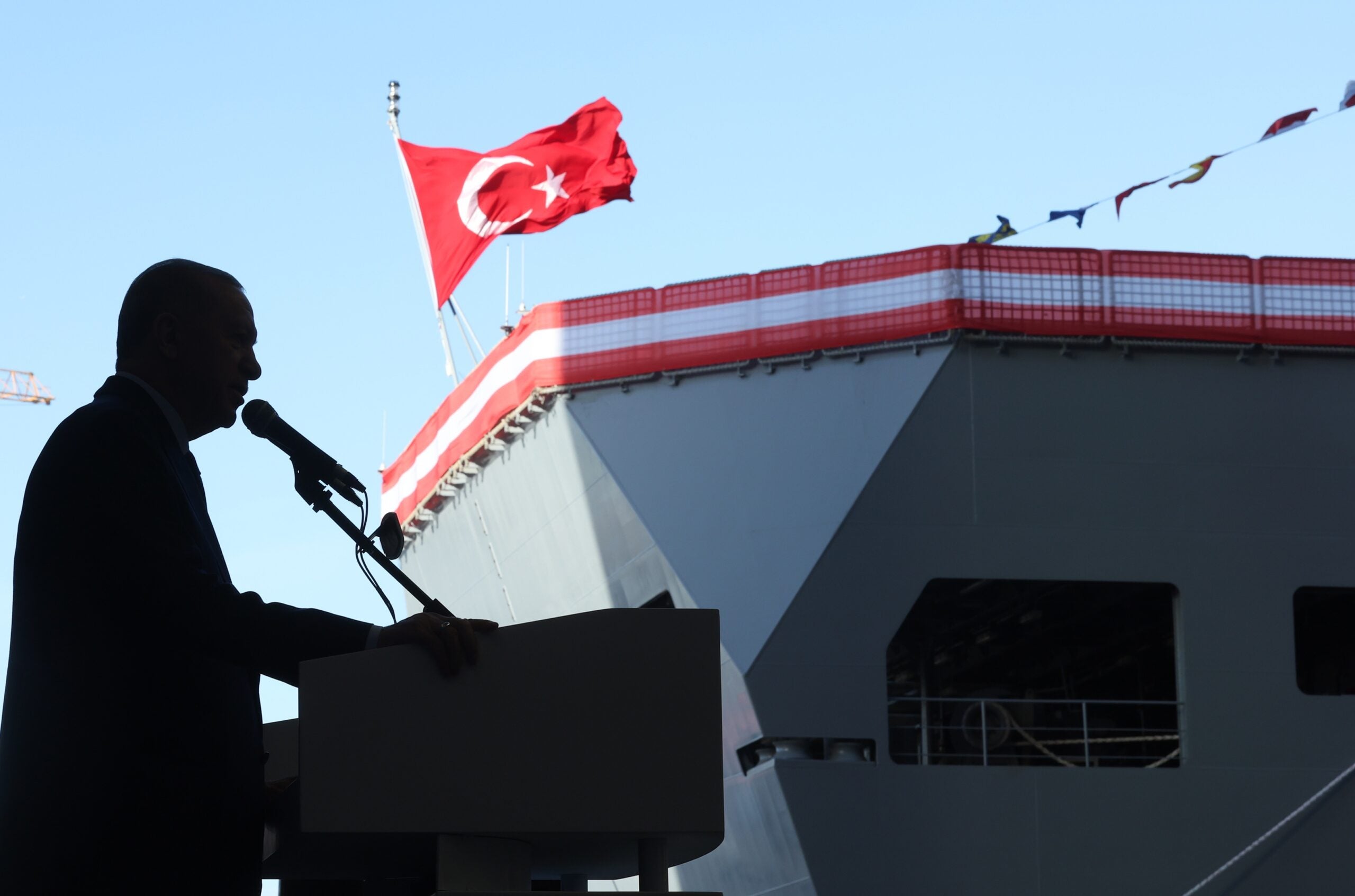YALOVA, TURKIYE - JANUARY 19: Turkish President Erdogan speaks during the naval platforms delivery ceremony in Yalova, Turkiye on January 19, 2024. (Photo by Mustafa Kamaci/Anadolu via Getty Images)