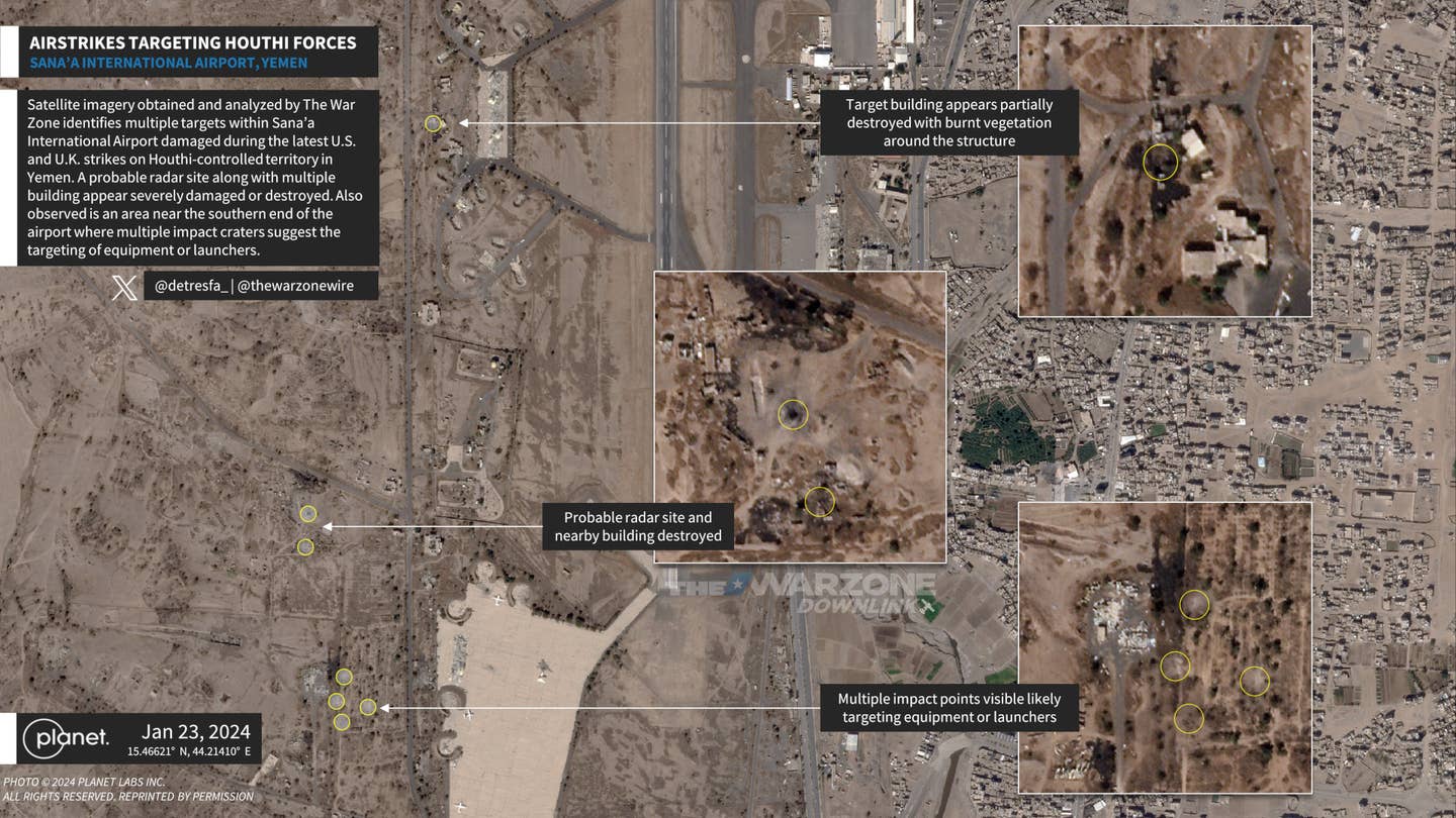 Satellite imagery The War Zone has obtained from Planet Labs shows the aftermath of U.S. and U.K. strikes on Houthi targets at Sanaa International Airport in Yemen's capital.