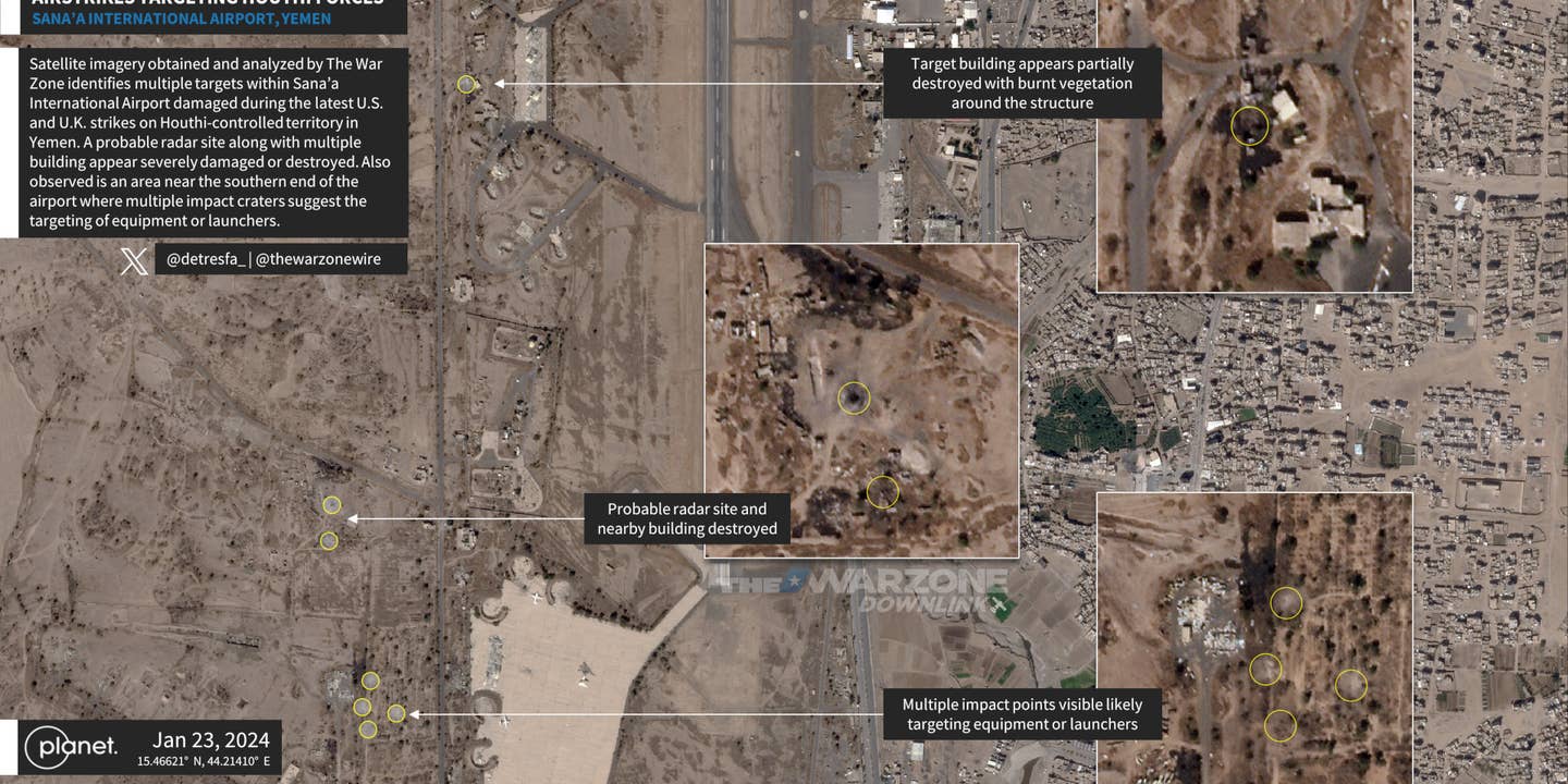 Satellite imagery The War Zone has obtained from Planet Labs shows the aftermath of U.S. and U.K. strikes on Houthi targets at Sanaa International Airport in Yemen's capital.
