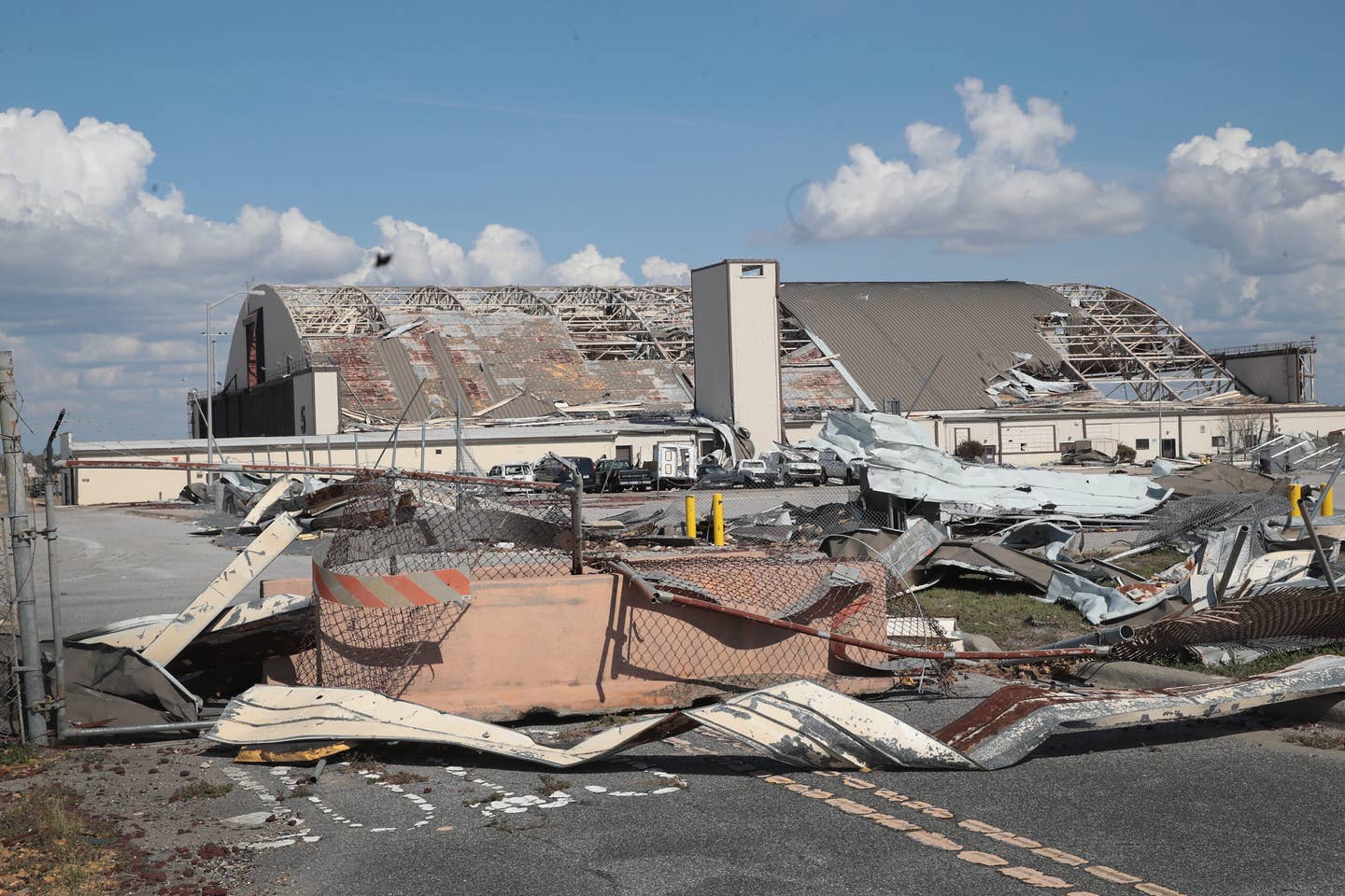 Debris litters Tyndall Air Force Base following Hurricane Michael on October 17, 2018 in Panama City, Florida. the base experienced extensive damage from the storm. Hurricane Michael slammed into the Florida Panhandle on October 10, as a category 4 storm causing massive damage and claiming nearly 30  lives.  (Photo by Scott Olson/Getty Images)