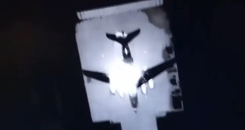 An image of an Il-76 being attacked by a Ukrainian drone at Kresty airbase near Pskov, Russia. <em>GUR image</em>
