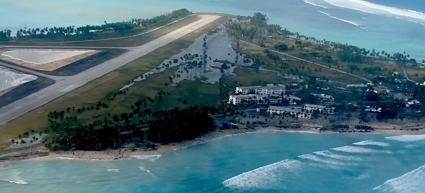 Roi-Namur Island in the Kwajalein Atoll, home of support facilities for the Reagan Test Site, was hit by extreme flooding from massive waves on Jan. 20. (U.S. Army video screencap)