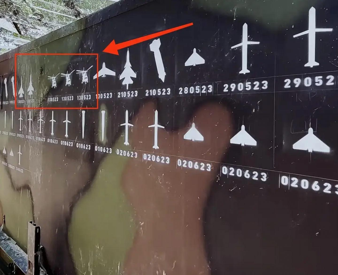 Screen capture of a Ukrainian Air Force video showing images of three Russian helicopters and two Russian fighters painted on the side of a Patriot air defense battery. The three helicopter and two jet images bear the date May 13.&nbsp;<em>Defense Industry of Ukraine</em>