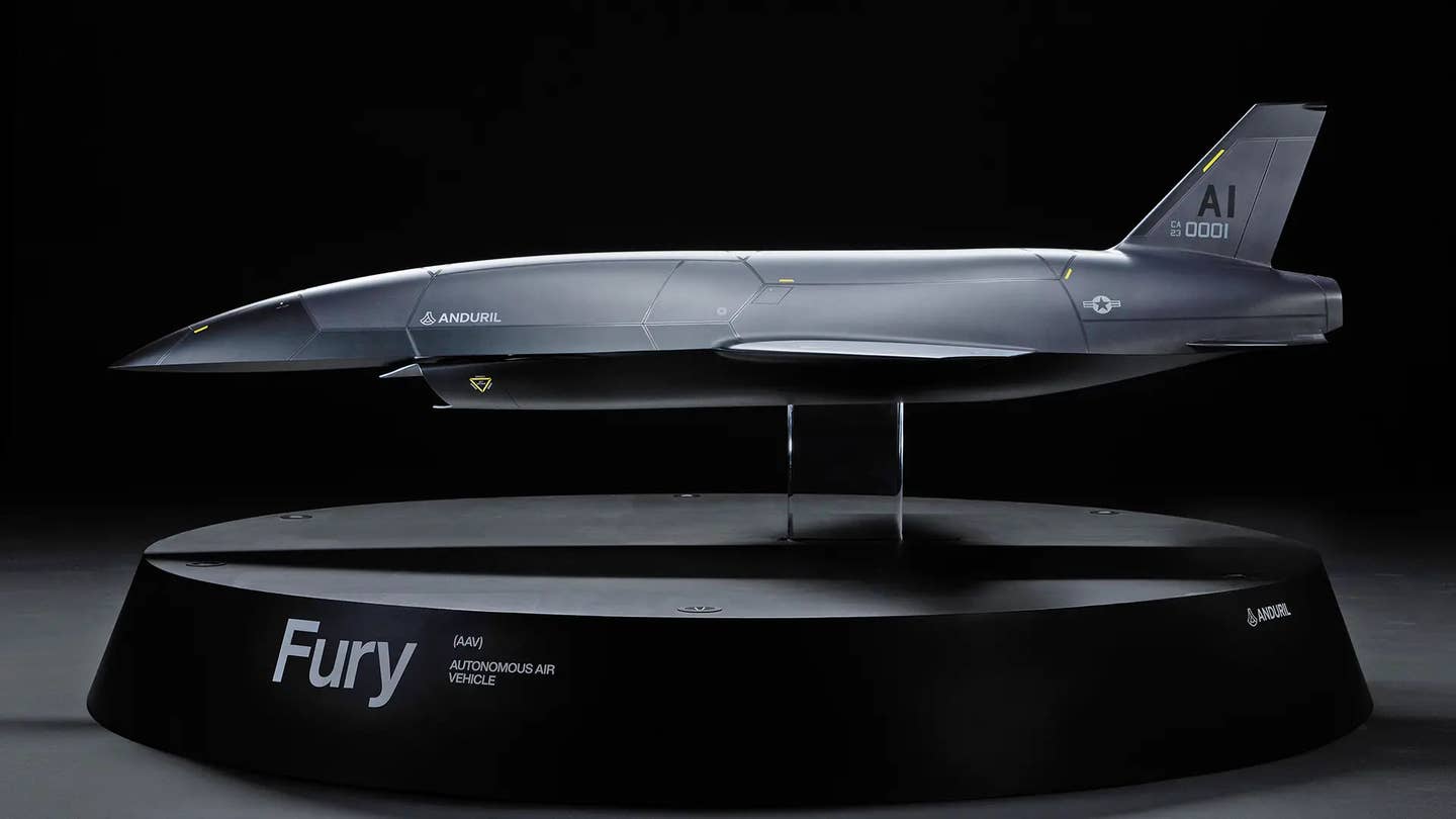 A scale model of Anduril's stealthy Fury drone. The company has not yet disclosed how exactly it is contributing to the CCA program. <em>Anduril</em>