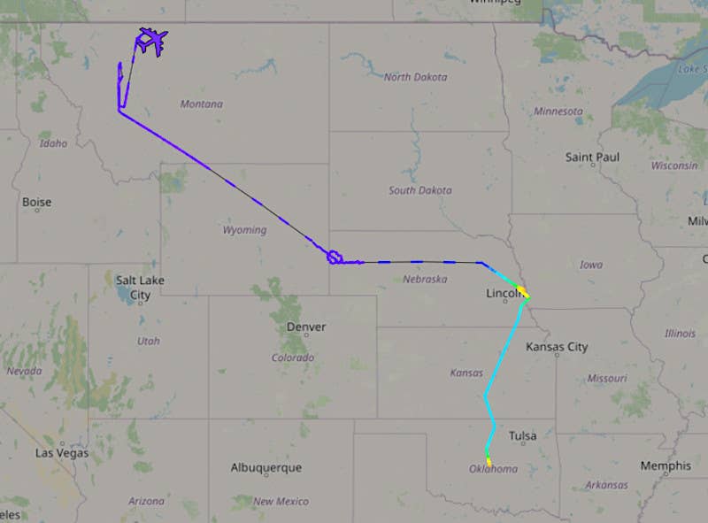 Tracking data for E-6B BuNo 164387 on January 24, 2024, showing the aircraft flying from Tinker Air Force Base in Oklahoma to Offutt Air Force Base in Nebraska. The aircraft then conducted a sortie that took it over Wyoming and Montana. <em>ADS-B Exchange</em>